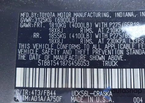 2007 Toyota Tundra Sr5 4.7L V8 z USA, uszkodzony, nr VIN 5TBBT54187S456053
